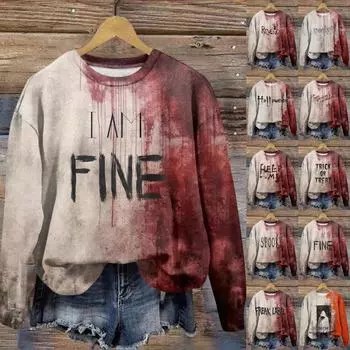 Женская мода круглый вырез пуловер длинный рукав футболка Хэллоуин принтованный топ