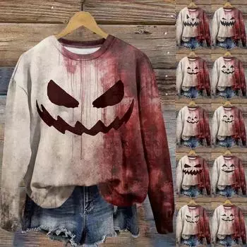 Женская мода круглый вырез пуловер длинный рукав футболка Хэллоуин принтованный топ L