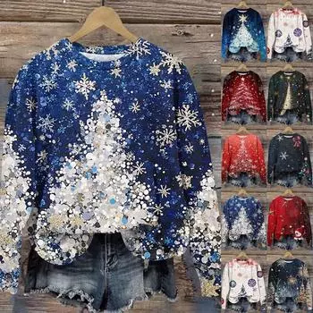 Женская мода круглый вырез пуловер длинный рукав футболка рождественский принт топ S синий