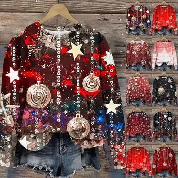 Женская мода круглый вырез пуловер длинный рукав футболка рождественский принт топ L чёрный