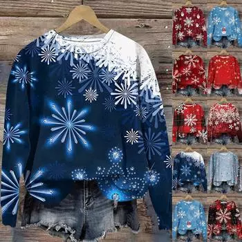 Женская мода круглый вырез пуловер длинный рукав футболка рождественский принт топ XXL киноварь