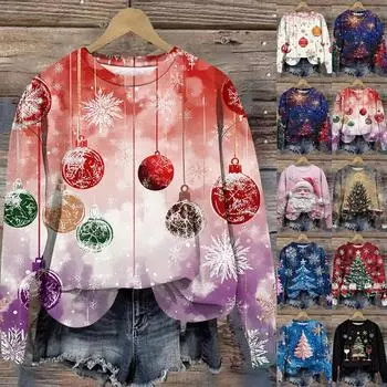 Женская мода круглый вырез пуловер длинный рукав футболка рождественский принт топ M чёрный