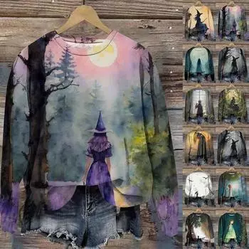 Женская мода круглый вырез пуловер длинный рукав футболка с рисунком ведьмы футболка топ XXL