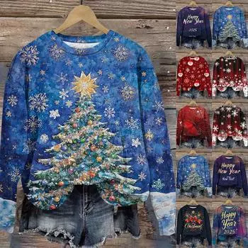 Женская мода круглый вырез пуловер длинный рукав футболка рождественский принт топ XXL синий