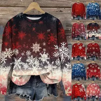 Женская мода круглый вырез пуловер длинный рукав футболка рождественский принт топ L киноварь
