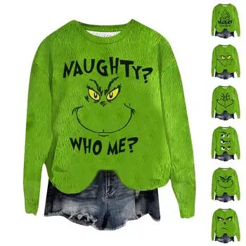 Женская мода круглый вырез пуловер длинный рукав футболка рождественский принт топ XL