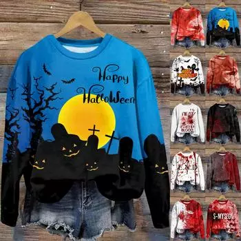 Женская мода круглый вырез пуловер длинный рукав футболка Хэллоуин принтованный топ XXL чёрный