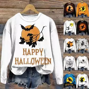 Женская мода круглый вырез пуловер длинный рукав футболка Хэллоуин принтованный топ M синий