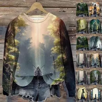 Женская мода круглый вырез пуловер длинный рукав футболка с рисунком ведьмы футболка топ XXXL зелёный