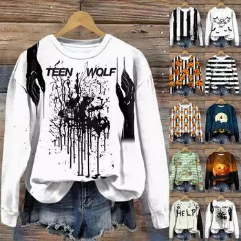 Женская мода круглый вырез пуловер длинный рукав футболка Хэллоуин принтованный топ XL бежевый