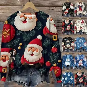 Женская мода круглый вырез пуловер длинный рукав футболка рождественский принт топ L бежевый