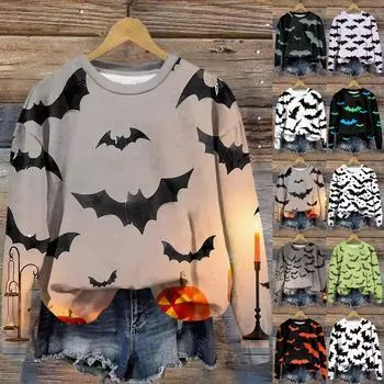 Женская мода круглый вырез пуловер длинный рукав футболка Хэллоуин принтованный топ L чёрный