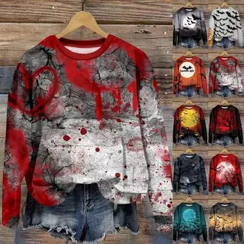 Женская мода круглый вырез пуловер длинный рукав футболка Хэллоуин принтованный топ M красный