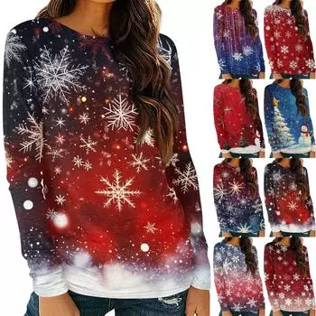 Женская мода круглый вырез пуловер с глубокими рукавами футболка с рождественским принтом топ S