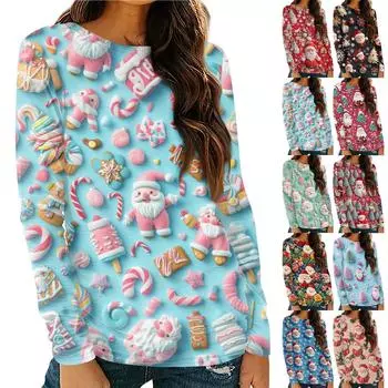 Женская мода круглый вырез пуловер с глубокими рукавами футболка с рождественским принтом топ S чёрный