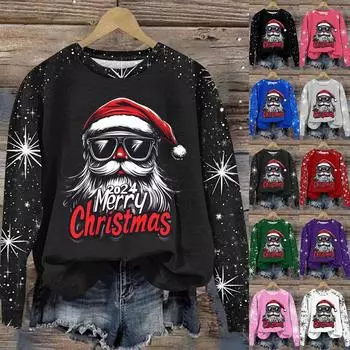Женская мода круглый вырез пуловер с глубокими рукавами футболка с рождественским принтом топ M чёрный