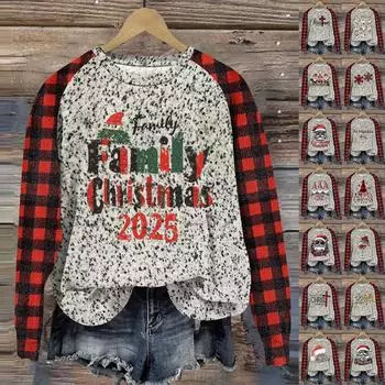 Женская мода круглый вырез пуловер с глубокими рукавами футболка с рождественским принтом топ XXXL