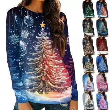 Женская мода круглый вырез пуловер с глубокими рукавами футболка с рождественским принтом топ S