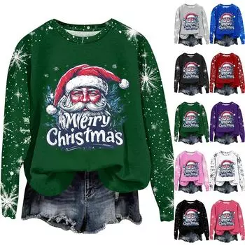 Женская мода круглый вырез пуловер с глубокими рукавами футболка с рождественским принтом топ XL