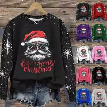 Женская мода круглый вырез пуловер с глубокими рукавами футболка с рождественским принтом топ M красный