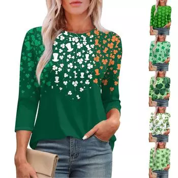 Женская мода круглый вырез семь рукавов St. Футболка с принтом ко Дню Святого Патрика и складками XXXL