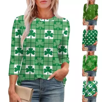 Женская мода круглый вырез семь рукавов St. Футболка с принтом ко Дню Святого Патрика и складками XL зелёный