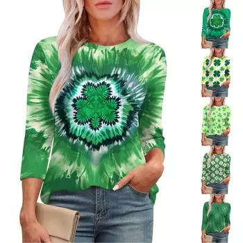 Женская мода круглый вырез семь рукавов St. Футболка с принтом ко Дню Святого Патрика и складками L