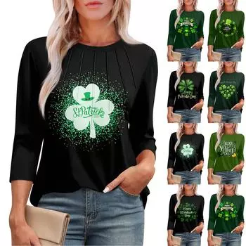 Женская мода круглый вырез семь рукавов St. Футболка с принтом ко Дню Святого Патрика и складками S