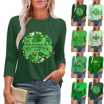 Женская мода круглый вырез семь рукавов St. Футболка с принтом ко Дню Святого Патрика и складками XL