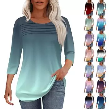 Женская мода круглый вырез шея плиссированная передняя планка однотонный топ рукав 3/4 L синий