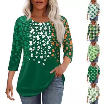 Женская мода круглый вырез шея плиссированная передняя планка однотонный топ рукав 3/4 L армия зеленый