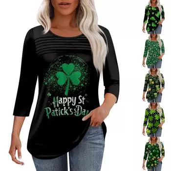 Женская мода круглый вырез шея плиссированная передняя планка однотонный топ рукав 3/4 L армия зеленый