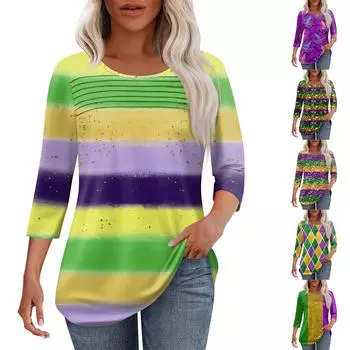 Женская мода круглый вырез шея плиссированная передняя планка с принтом рукав 3/4 топ L темно-фиолетового