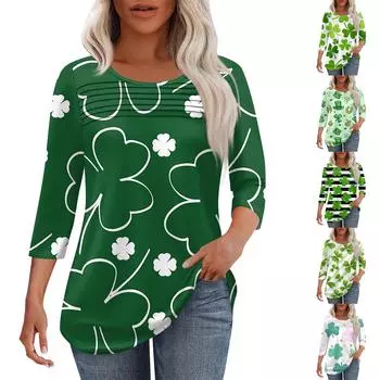 Женская мода круглый вырез шея плиссированная передняя планка однотонный топ рукав 3/4 L армия зеленый