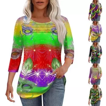 Женская мода круглый вырез шея плиссированная передняя планка с принтом рукав 3/4 топ L темно-зеленого