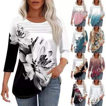 Женская мода круглый вырез шея плиссированная передняя планка однотонный топ рукав 3/4 L чёрный