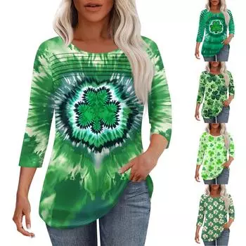 Женская мода круглый вырез шея плиссированная передняя планка однотонный топ рукав 3/4 L армия зеленый