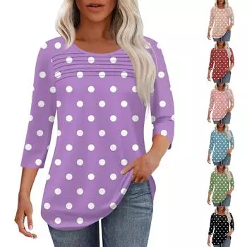 Женская мода круглый вырез шея плиссированная передняя планка с принтом рукав 3/4 топ L чёрный