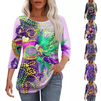 Женская мода круглый вырез шея плиссированная передняя планка с принтом рукав 3/4 топ L темно-фиолетового