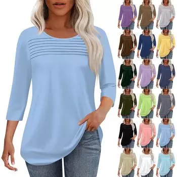 Женская мода круглый вырез шея плиссированная передняя планка однотонный топ рукав 3/4 L армия зеленый