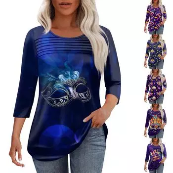 Женская мода круглый вырез шея плиссированная передняя планка с принтом рукав 3/4 топ L синий