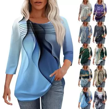 Женская мода круглый вырез шея плиссированная передняя планка однотонный топ рукав 3/4 XXXL