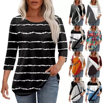 Женская мода круглый вырез шея плиссированная передняя планка однотонный топ рукав 3/4 S