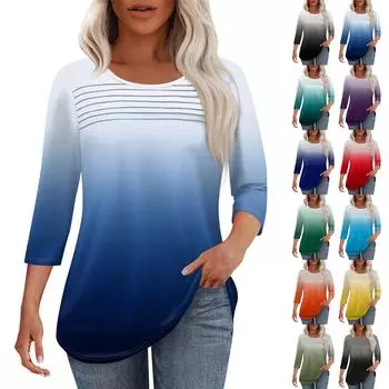 Женская мода круглый вырез шея плиссированная передняя планка однотонный топ рукав 3/4 L жёлтый