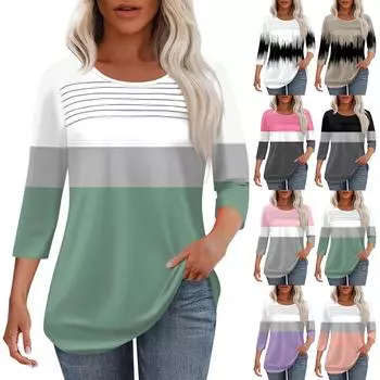 Женская мода круглый вырез шея плиссированная передняя планка однотонный топ рукав 3/4 L