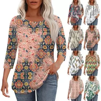 Женская мода круглый вырез шея плиссированная передняя планка однотонный топ рукав 3/4 L хаки