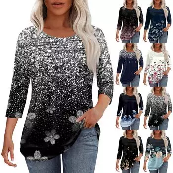 Женская мода круглый вырез шея плиссированная передняя планка с принтом рукав 3/4 топ XXXL белый