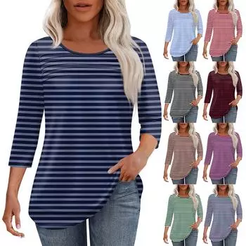 Женская мода круглый вырез шея плиссированная передняя планка с принтом рукав 3/4 топ L чёрный