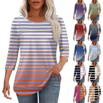 Женская мода круглый вырез шея плиссированная передняя планка однотонный топ рукав 3/4 L чёрный