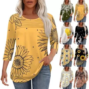 Женская мода круглый вырез шея плиссированная передняя планка однотонный топ рукав 3/4 XXL